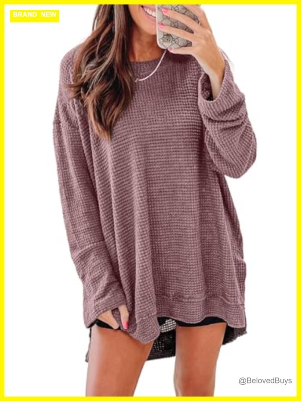 Oversized Waffle Knit Long Sleeve Tunic Top Crewneck Womens